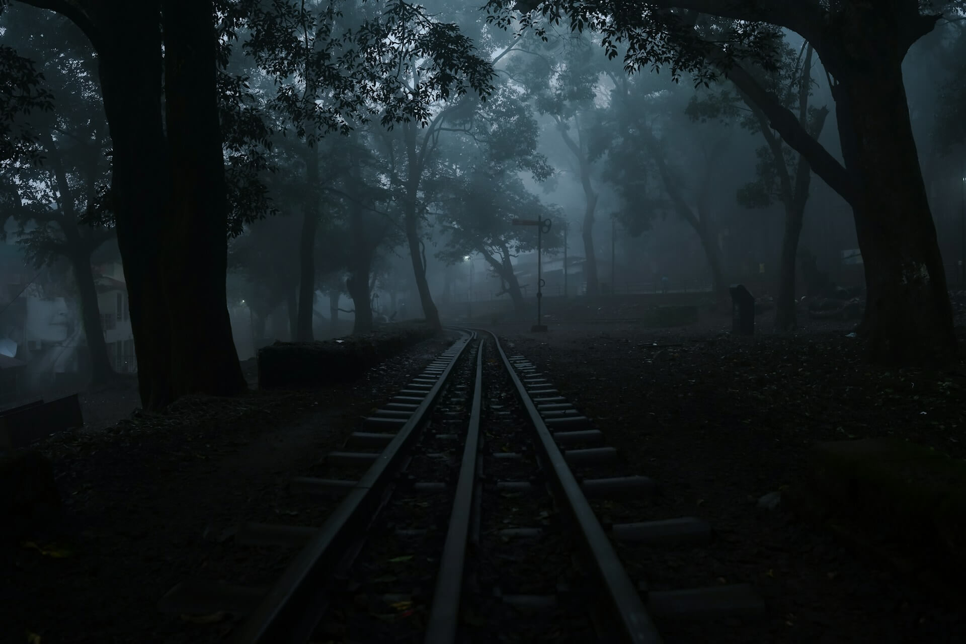 Narrow-gauge railway tracks through a misty forest in Matheran
