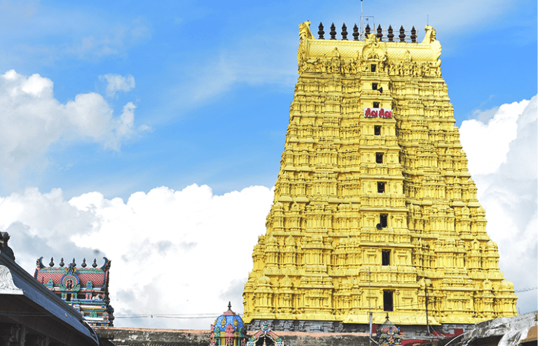 Yellow entrance tower at Ramanathaswamy Temple in Rameswaram