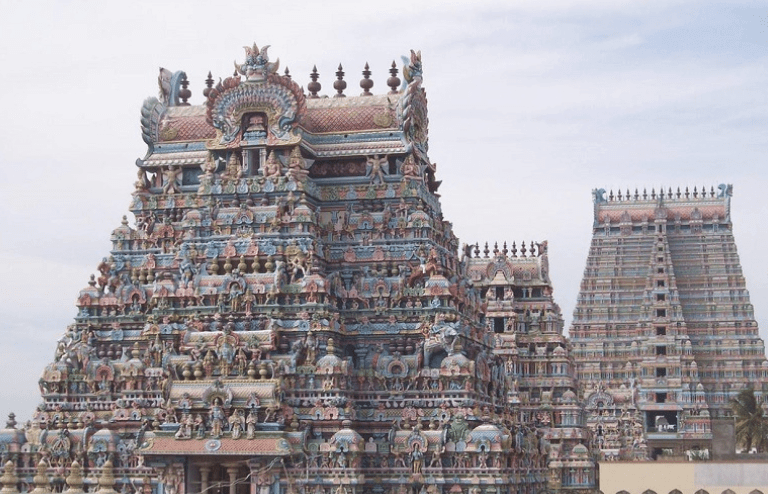 Decorated gateway towers at Sri Ranganathaswamy Temple in Srirangam