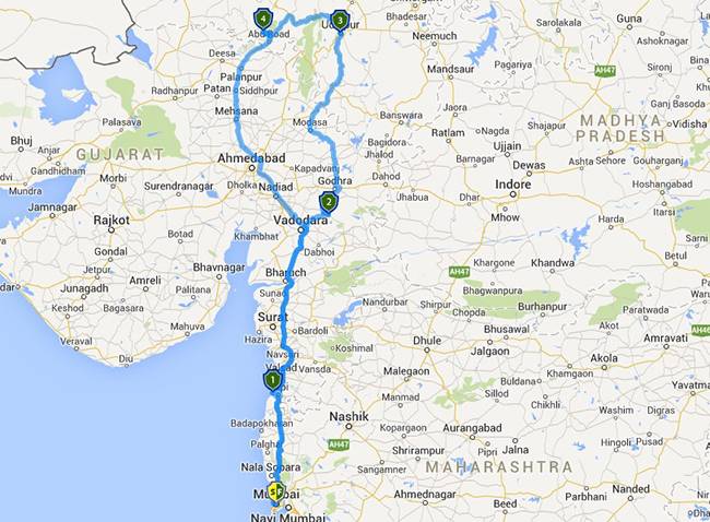 Best Road Trips from Mumbai: Daman Mount-Abu Udaipur map
