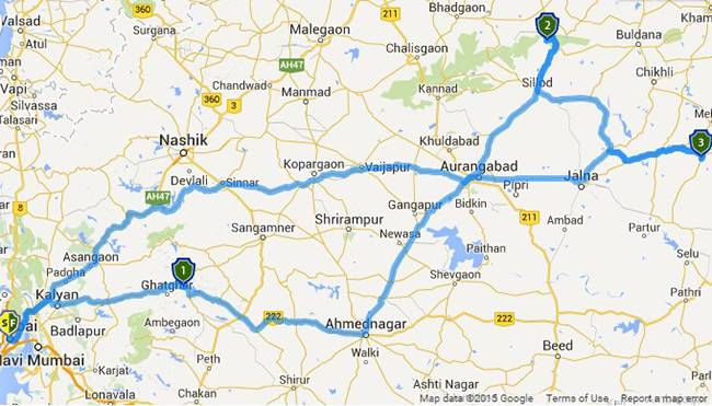 Best Road Trips from Mumbai: Malshej-ghat Ajanta-caves Lonar-crater map