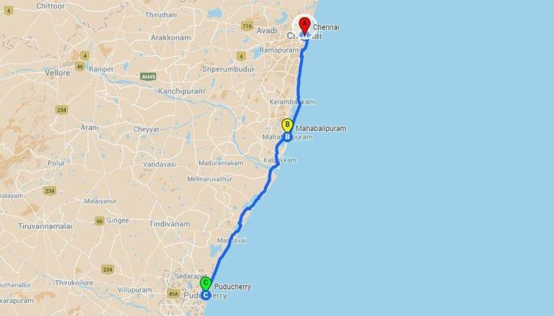 Road Trips from Chennai - Mahabalipuram roadtrip Map