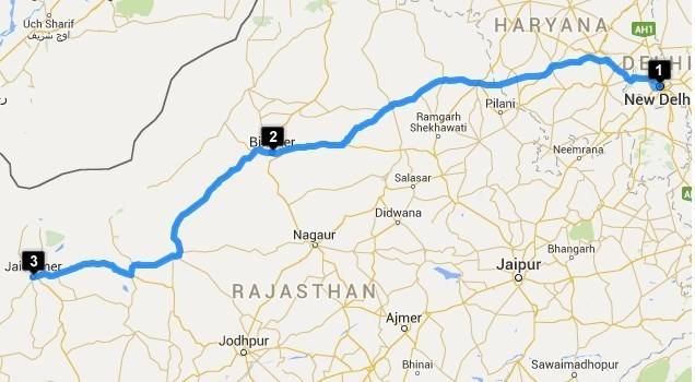Road Trips from Delhi - Delhi - Jaisalmer Map